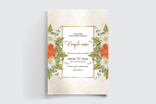 WEDDING INVITATION FRAME WITH FLOWER DECORATIONS AND FRESH LEAVES
