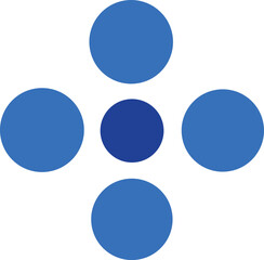 Poster - Five blue circles arranged in a symmetrical pattern with a central darker circle and four lighter circles radiating outwards on a white background