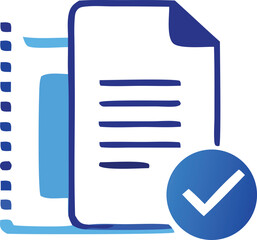 Poster - Abstract blue document icon with a prominent checkmark symbol indicating completion or approval in a modern digital design