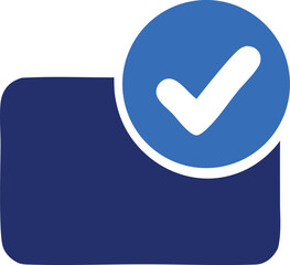 Poster - A blue checkmark icon is prominently displayed within a blue circle superimposed over a dark blue rectangular shape with rounded corners