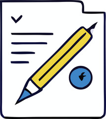 Poster - Hand drawn illustration of a yellow pencil writing on a document with a checkmark and a blue circle containing a bird silhouette