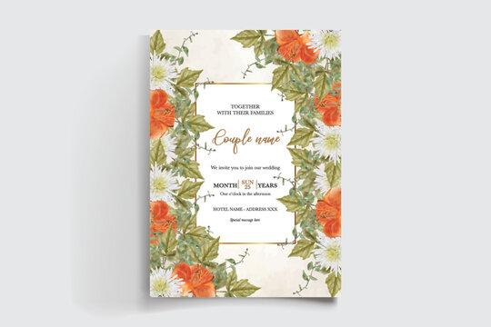 WEDDING INVITATION FRAME WITH FLOWER DECORATIONS AND FRESH LEAVES