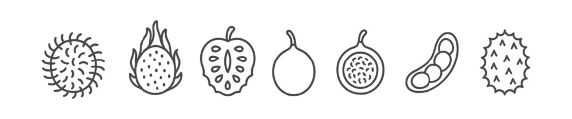 Poster - Exotic fruits outline icon set. tropical, edible fruits linear symbols collection
