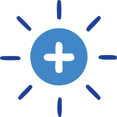 Poster - A bright blue circular icon featuring a white plus sign at its center radiating outward with short blue lines representing light or energy