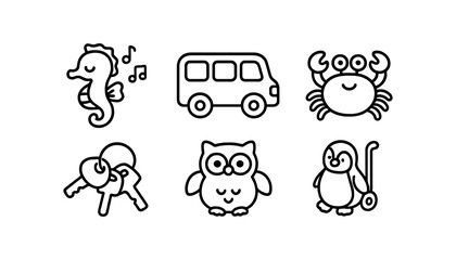 Poster - Transportation and animals outline icon set. vehicle, wildlife line art collection