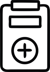 Poster - Simple black and white hand drawn icon representing a clipboard with a plus symbol inside a circle signifying addition or new entries