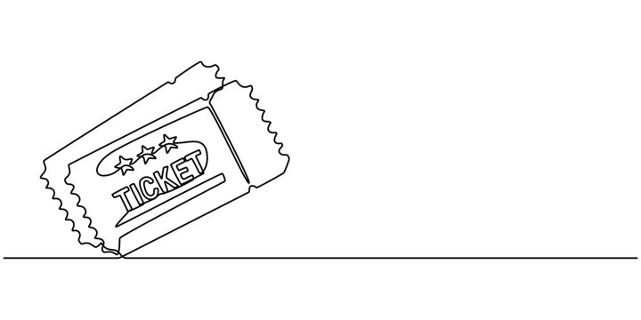 Ticket Single Line Icon, Continuous one line drawing cinema ticket. Vintage cinema ticket isolated on a white background. Vector illustration, Single continuous line drawing of tickets. one line draw 