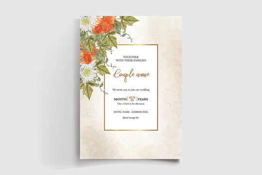 WEDDING INVITATION FRAME WITH FLOWER DECORATIONS AND FRESH LEAVES