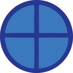 Fototapete - A simple blue circle with a dark blue cross dividing it into four equal quadrants set against a white background