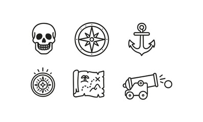 Poster - Pirate-themed outline icon set. skull, map, anchor icons in outline style