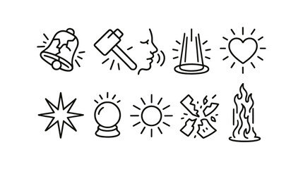 Poster - Alert and alarm outline icon set. bell, hammer, explosion, flame styling collection