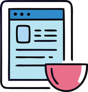 Stylized illustration of a tablet computer displaying a webpage with a pink semicircular shape below it representing a user interface element