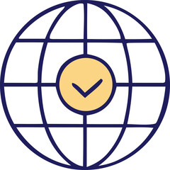 Aufkleber - Stylized globe icon with a yellow circle and a blue checkmark symbolizing global approval or verified status
