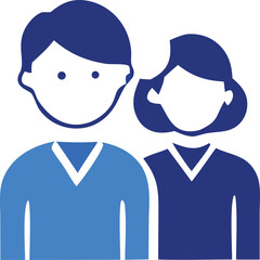 Poster - Stylized blue icon representing a man and a woman standing side by side with simple facial features and v neck shirts