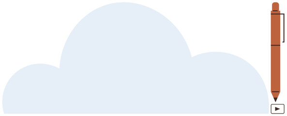 Poster - Large blue cloud with a triangular play button and orange pen on the side. Ideal for creativity, cloud storage, digital content, design ideas, innovation, teamwork, remote work, simple flat metaphor