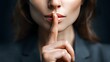 © Aris Suwanmalee - A woman silently signals for quiet with her finger to her lips in a dark environment.