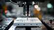 © JB - A close-up shot of a vertical milling machine, working over a white plexiglass sheet with small holes, on which is placed a black acrylic block. precision engineering. 3d illustration.