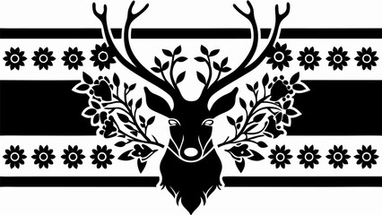 Poster - Black and white deer head with antlers and floral elements on striped background illustration