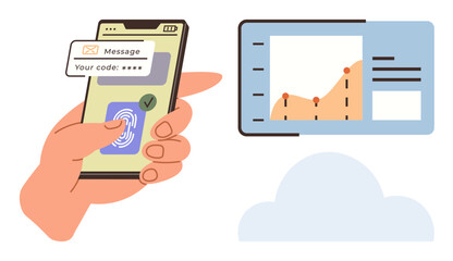 Poster - Phone with fingerprint access and verified code next to cloud-hosted analytics depicting a growth graph. Ideal for cybersecurity, data analytics, cloud computing, authentication, technology, digital