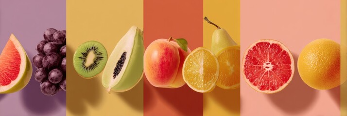 Poster - Colorful Collage of Fresh Fruits Arranged in Vibrant Stripes Showcasing Their Textures and Shapes in a Playful Graphic Design