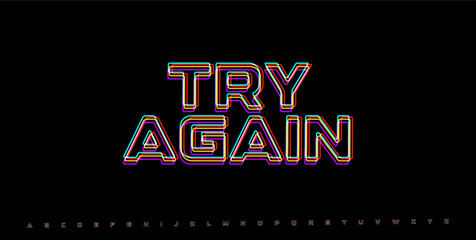 Poster - TRY AGAIN distorted glitch phrase. RGB neon text for game fail screen, retry message, or pixel error prompt. Futuristic arcade design. Vector illustration.