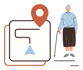Poster - Elderly woman using a cane near a location pin and navigation map. Ideal for elderly care, navigation, accessibility, health, support, mobility, independence. A simple flat metaphor