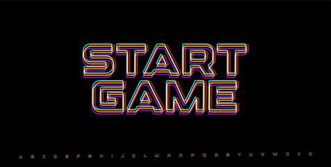 Poster - START GAME neon glitch phrase. RGB arcade UI typography in vaporwave style. Cyberpunk interface for video game screen or retro console. Vector illustration.