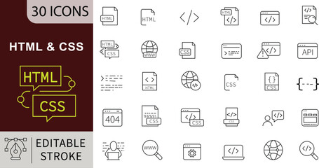 HTML and CSS Line Icons: Web Development, Front-End and Code Programming Vectors