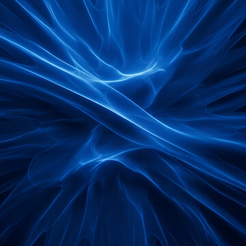 Abstract blue flowing fabric drapes in a dark background. Dynamic, flowing lines with a deep blue color create a sense of movement and modern design.