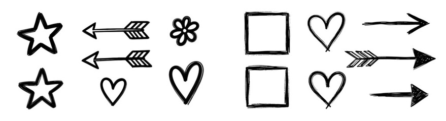 Poster - Cute line sketch star, arrow, heart decoration element icon set. Hand drawn sketch doodle cute star, emphasis, flower element. Pen line text decoration shape icon. Vector illustration.