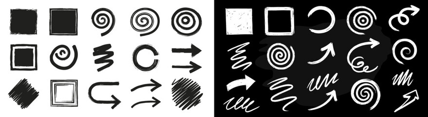 Poster - Brush hand drawn sketch scribble arrow shape set. Texture chalk frame abstract doodle line brush geometric design background crayon abstract circle, zigzag vector illustration