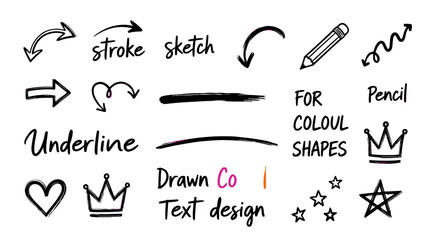 Poster - Line marker hand drawn brush arrow, crown icon set. Sketch pencil stroke vector graphic underline, heart scribble icon. Hand drawn line shape for underline, text, decoration. Vector illustration