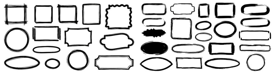 Leinwandbilder - Frame brush hand drawn set. Hand drawn doodle frame, box, circle elements in brush stroke ink style. Simple abstract geometric shape set for black paint art decoration. Vector illustration