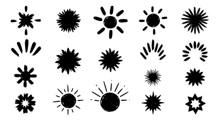 Poster - Sun brush hand drawn vector summer set. Hand drawn doodle sun, sunrise elements in brush stroke ink style. Simple abstract summer sun silhouette set for nature black paint art. Vector illustration