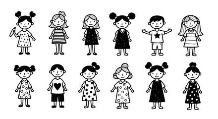Poster - Cute child hand drawn doodle sketch icon set. Hand drawn sketch doodle cute kids, emphasis, girl element. Pen line person shape icon. Hand drawn vector illustration.