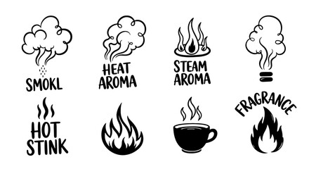 Leinwandbilder - Aroma steam heat fragrance smoke stink icon set. Doodle black sketch hand drawn cloud, flame, cup with scent, hot symbol. Vector illustration