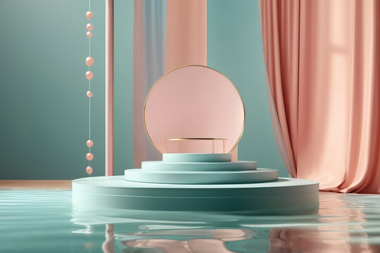 Awesome Podium pedestal for cosmetic products display glass ribbon in the wind on water