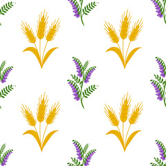 Poster - Seamless vector pattern featuring stylized golden wheat stalks and purple tufted vetch flowers on a white background, creating a rustic yet elegant design.
