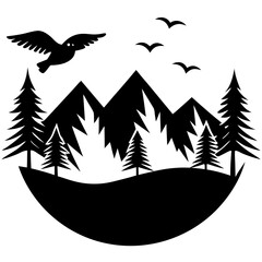mountain landscape with bird and pine trees silhouette vector illustration