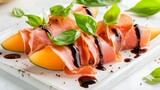 Photorealistic gourmet platter with thinly sliced cantaloupe melon wrapped around prosciutto ham and fresh basil leaves