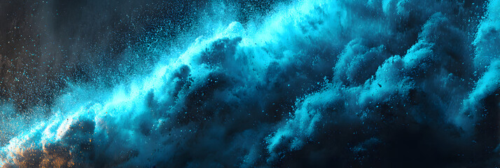 Poster - Glowing blue abstract shape, dark grainy black blue background, noise texture futuristic dynamic poster header cover wallpaper banner backdrop design. Dark grainy background, glowing blue abstract