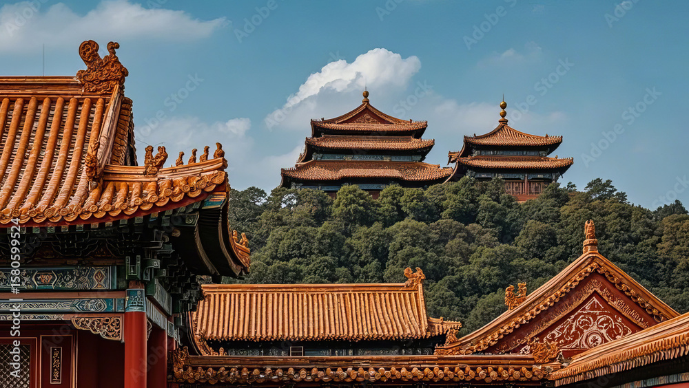 Forbidden City ancient building complex, palace roofs, traditional ...