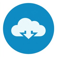 Fototapete - Circular blue icon with white cloud and downward-facing arrow, symbolizing download function, featuring modern minimalistic design in clean blue and white color scheme.