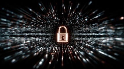 Poster - A shining padlock at the center of a fastmoving digital matrix capturing the essence of innovation in information protection and the relentless pursuit of secure solutions in a digital
