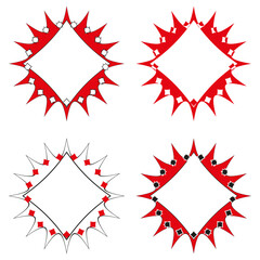 Poster - Four starburst frames. Red angular shapes. Geometric border Vector. Decorative radial elements.