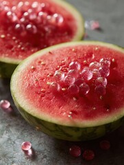 Poster - halved watermelon with candy-like seeds creating an eye-catching dessert display for summer gatherin
