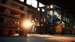© busro - Busy Warehouse with Forklift Maneuvering Among Wooden Pallets