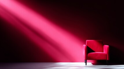 Poster - A vibrant red chair sits alone in a bold space, illuminated by a beam of light. This modern design conveys comfort and style. Perfect for minimalistic aesthetics. AI
