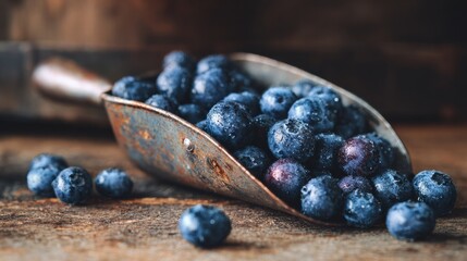 Poster - Glistening Blueberries in a Rustic Metal Scoop Resting on a Wooden Surface Showcasing Their Vibrant Color and Natural Freshness