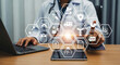 © premium seller - Digital Healthcare Ecosystem: Doctor Using Laptop & Tablet with Holographic Icons, Representing Telemedicine, AI, and Connected Health Technology
